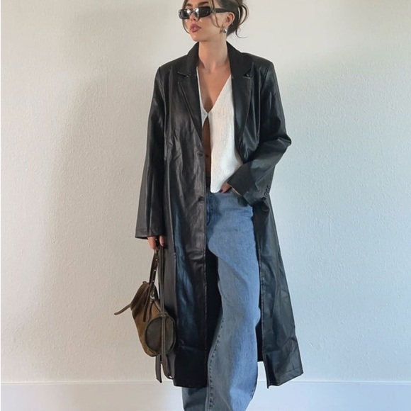 Vintage 70s 80s Charles Klein Black Leather Trench Coat Size Medium - Picture 16 of 16